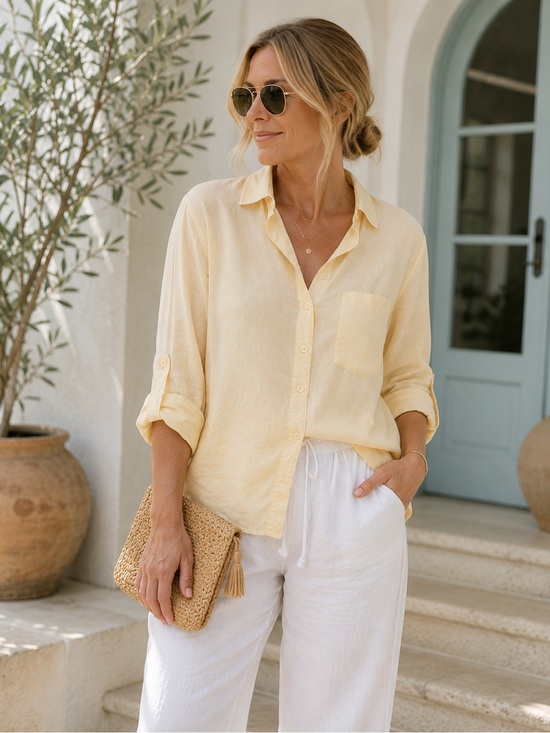Side Stitch Tops - Side Stitch LA 100% Lyocell Button Front Roll Tab Blouse Yellow Size Medium